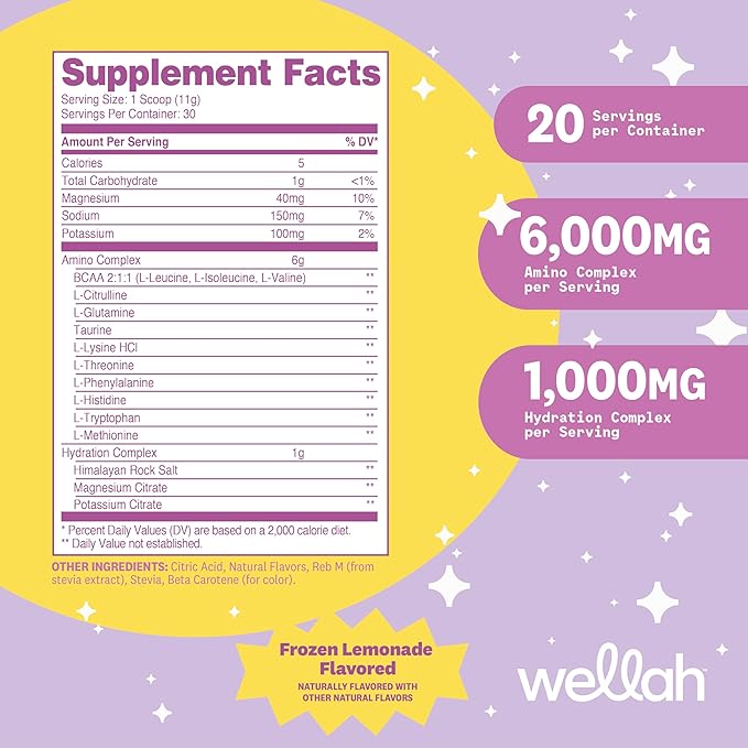 Wellah BCAAs (Frozen Lemonade Flavored) 30 Servings - BCAA Powder with Hydration Complex