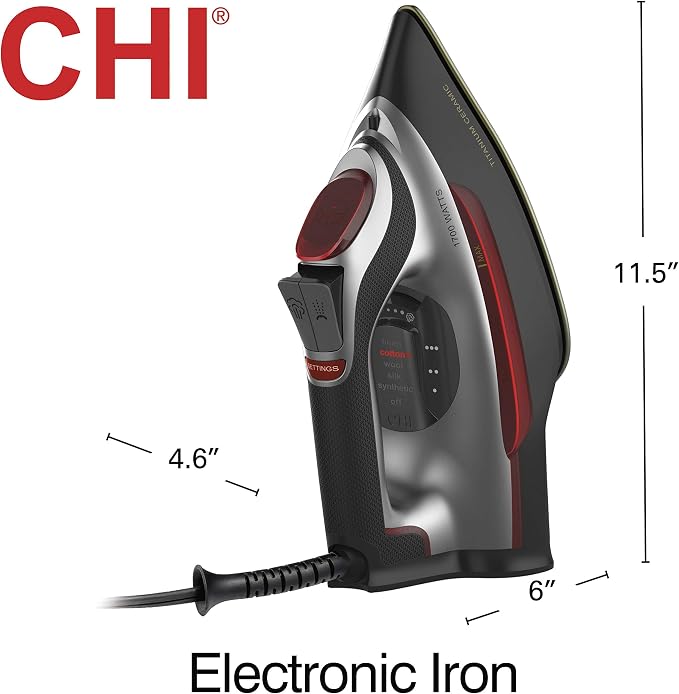 CHI Steam Iron for Clothes, Electronic Temperature Control, Titanium Ceramic Soleplate, Professional Grade, 1700 Watts, 3-Way Auto Shutoff, XL 10' Cord, Silver