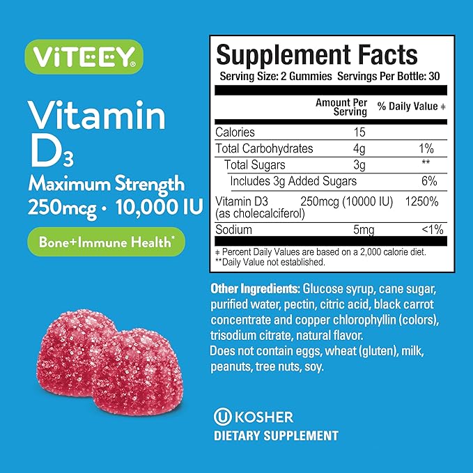 VITEEY Gommes Vitamine D3 pour Adultes et Adolescents - 10 000 UI, 250mcg, Puissance Maximale - Santé Articulaire et Musculaire, Renfort Immunitaire - Vitamine D à Croquer - Végétarien, Sans Gélatine - Goût Baies Délicieux