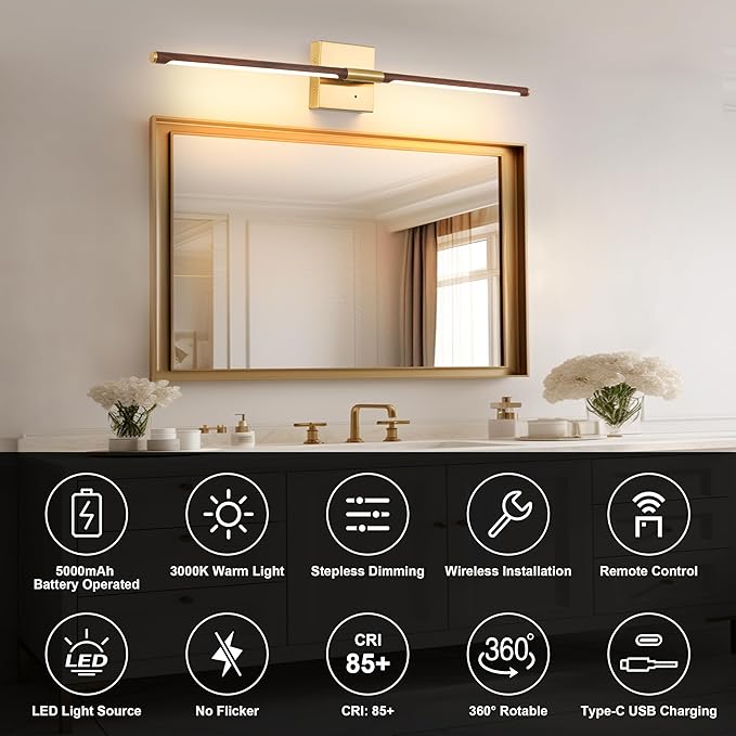 Morauroral 36 Inch Battery Operated Wall Sconces Set of 2, Dimmable Battery Wall Sconce with Remote Control, Walnut Gold LED Rechargeable Sconces, Modern Wireless Wall Lights for Bedroom, Living Room
