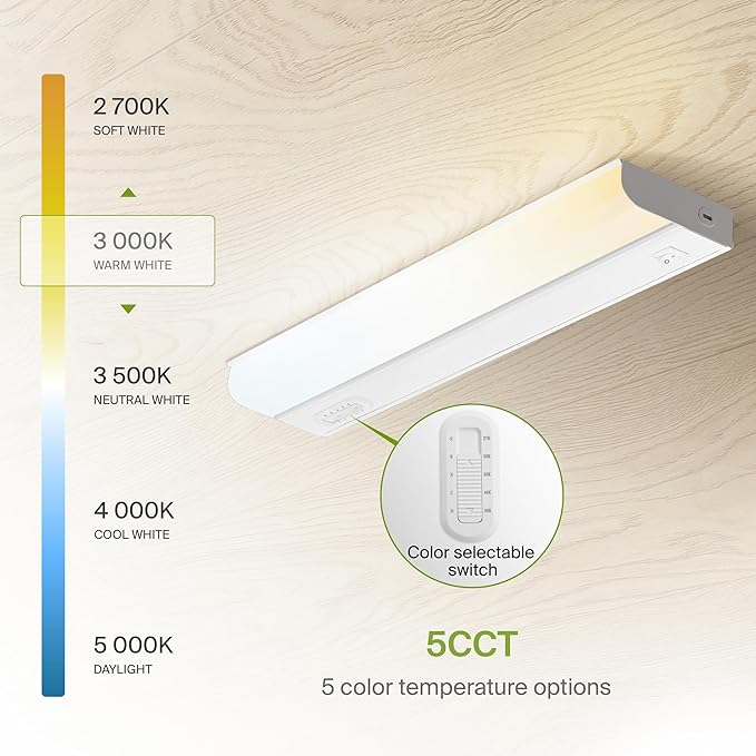 ASD LED Under Cabinet Lighting Hardwired, 18 Inch 10W 2700K-5000K Selectable, 807LM, CRI90+, Direct Wire Linkable Under Counter Lights for Kitchen, Dimmable Under Cabinet Lights, White, UL, 2 Pack
