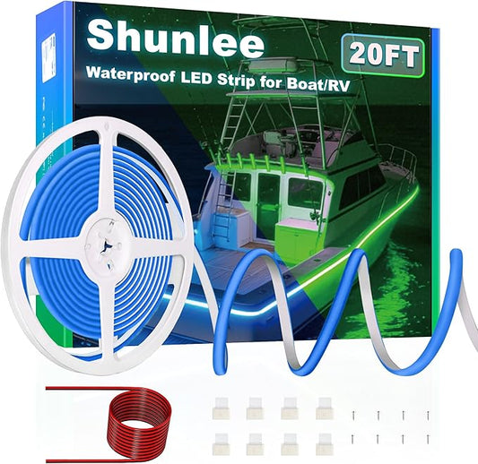 SHUNLEE Boat Led Light Strip Blue 20FT, IP67 COB Waterproof Marine Pontoon Led Lights, Boat Interior Lights for Night Fishing, Kayak, RV, Jon, Bass (20FT-Blue)