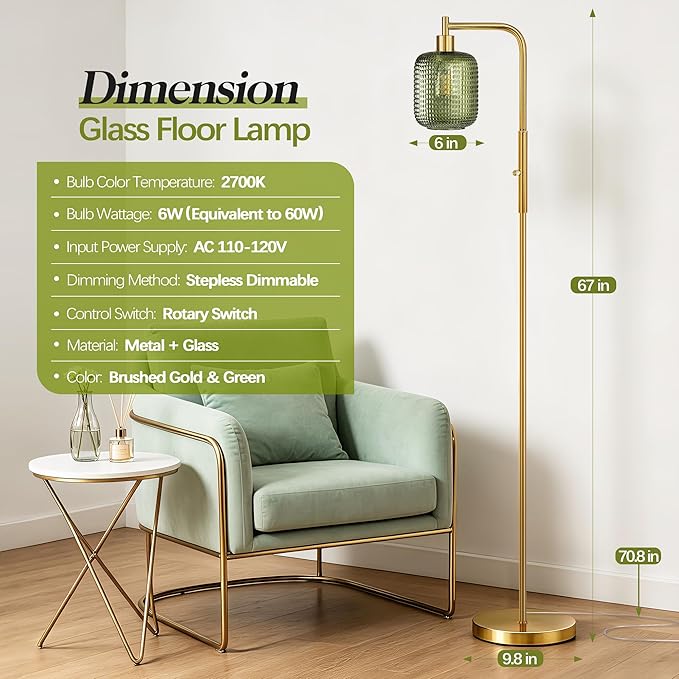 QiMH Floor Lamps for Living Room, Gold Standing lamp with Green Glass Lamp Shade, 67" Tall lamp with Rotary Switch, Dimmable Floor Lamp for Bedroom Office, 2700K Bulb Included