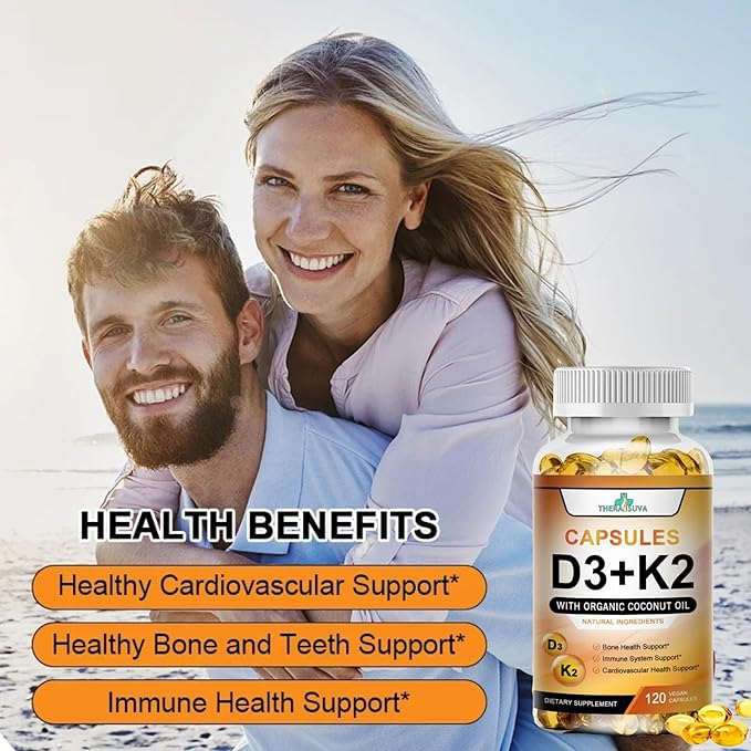 Vitamine D3 5 000 UI + K2 Haute Puissance – Végétalienne, sans OGM, avec Huile de Coco Biologique pour une Meilleure Absorption – Soutien Osseux & Cardiaque, Approvisionnement de 2 Mois, 120 Gélules Molles
