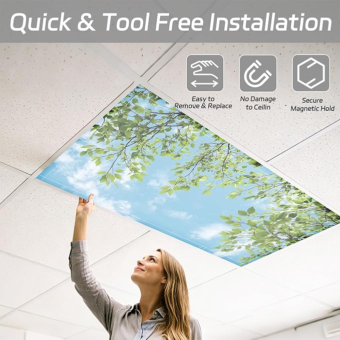 4 Pack 2x4 FT Magnetic Fluorescent Light Covers, Ceiling Light Filters for Classroom Office Home Hospital, Easy Install Decorative Drop Ceiling Panels