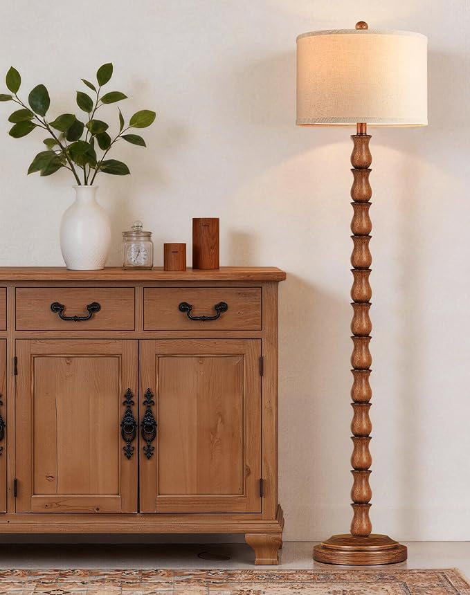 63.5" Rustic Floor Lamp for Living Room, Farmhouse Floor Lamp with Rotary Switch & Linen Shade, Vintage Resin Tall Standing Lamp for Bedroom Corner Office Home Decor, Light Walnut (LED Bulb Included)