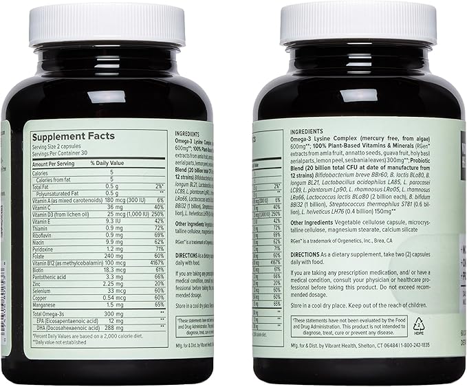Vibrant Health、Trilogy Vegan、プロバイオティクス入りマルチビタミン（ビーガン藻類オイル由来オメガ-3、ビタミンA、B12、C、D3、E、セレン、マグネシウム、亜鉛の必須ブレンド配合）、30食分
