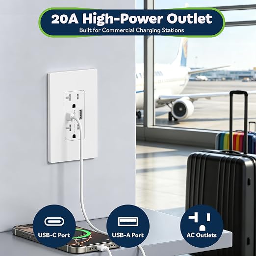 TOPGREENER USB Outlet, 4.2A Type C USB Wall Outlet, 20 Amp Tamper-Resistant Receptacle, Charging Power Outlet with 2 USB Ports, Wall Plate Included, TU22036AC-W-2PCS, White, 2 Pack
