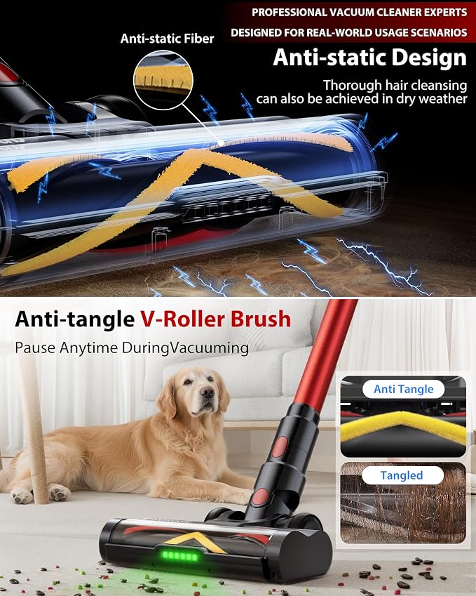 Cordless Vacuum Cleaner, 75Mins/55KPa/650W Freestanding Vacuum Cleaners for Home, with Anti-Static&Anti-Tangle Brush, LED Touch Screen, Stick Vacuum for Carpets, Pet Hair, Hardwood Floors