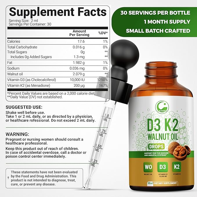 Liquid Vitamin D3 K2 Drops 10000 IU with Walnut Oil – High Potency Liquid Vitamin D3 with Vitamin K2 (MK7) 200 mcg | D3 K2 Supplement for Men & Women | Bones, Muscles & Immune Support | Non-GMO
