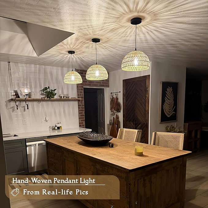 2 Pack Hemp Rope Woven Pendant Light Woven Light Fixture Boho Chandelier Light Fixture Wicker Pendant Lights Rattan Dome Wicker Chandelier for Dining Room Kitchen Island (Bulb Incl.