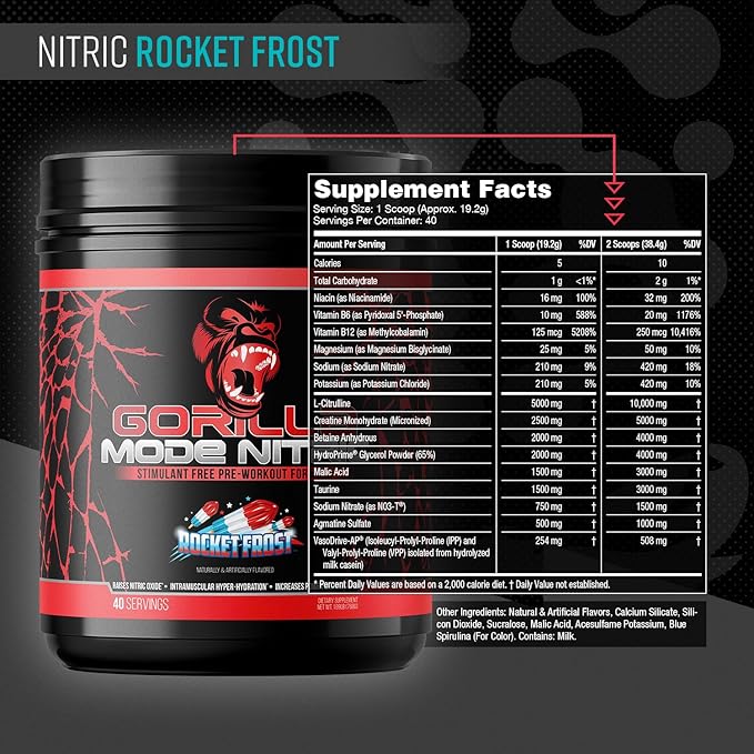 Gorilla Mode Nitric アップグレード版 刺激物不使用プレワークアウト – 最高の味と効果の刺激物不使用プレワークアウト / 巨大なパンプ · 血管拡張 · パワー / 768グラム (ロケットフロスト)