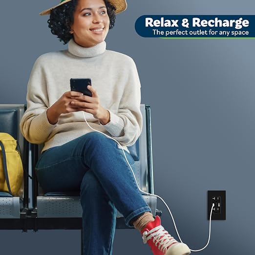 TOPGREENER 2-Port USB Outlet, 4.2A Type C USB Wall Outlet, 20 Amp TR Receptacle Plug, Charging Power Outlet with USB Ports, Wall Plate Included, UL Listed, TU22036AC-BK-6PCS, Black, 6Pack