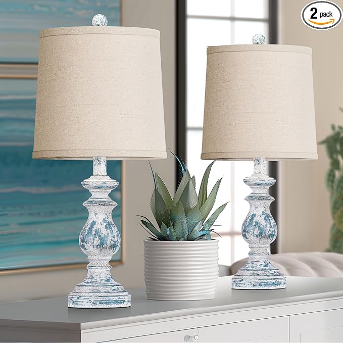 PARTPHONER Traditional Table Lamp Set of 2, Rustic Farmhouse Table Lamps for Living Room Bedroom, 22" Bedside Desk Lamps Vintage Nightstand Lamps with Linen Shades, Washed Blue
