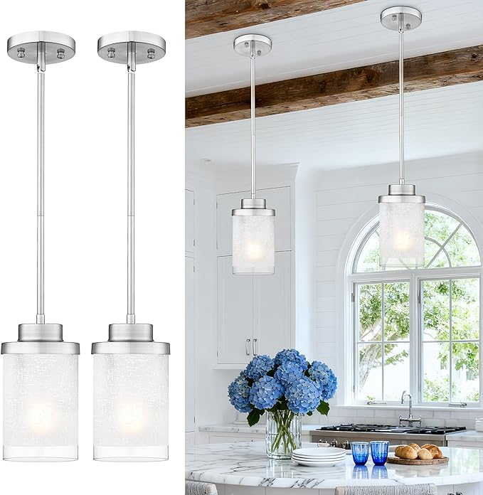 TENGXIN Modern Pendant Light for Kitchen Island, 6 Inch Brushed Nickel Hanging Ceiling Light Fixture,Farmhouse Pendant Lighting for Dining Room Bedroom Bar Office 2Pack,TXPLBN01-2PK-L