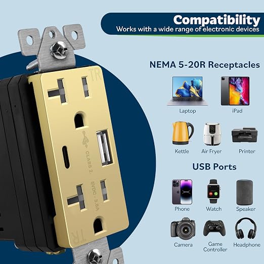 TOPGREENER USB Outlets, 4.2A Type A & Type C USB Wall Outlet, 20 Amp Tamper-Resistant USB Outlets Receptacles, Wall Plate Included, UL Listed, TU22036AC-GDWSI, Gold