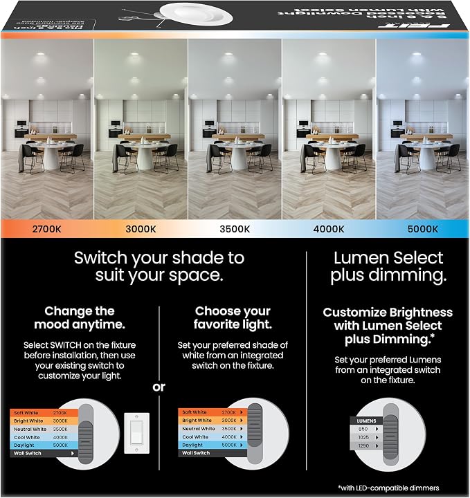 Feit Electric 5/6 Inch LED Recessed Downlight, Adjustable White 2700K–5000K, Adjustable Brightness 850/1025/1290 Lumens, Dimmable Retrofit Kit, 90+ CRI, E26 Adapter Included, LEDR56HO/6WYCA/6, 6 Pack