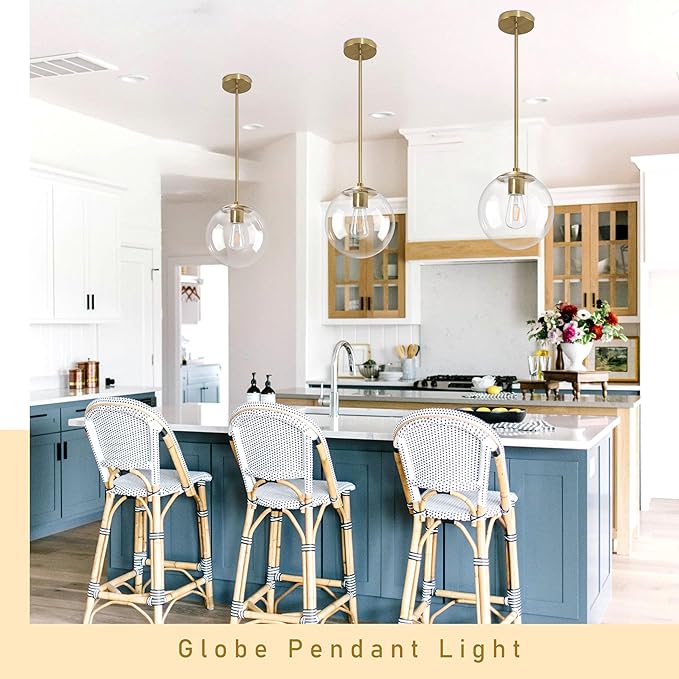 Bagood 10 Inch Globe Pendant Light Gold Mid Century Pendant Light Adjustable Hanging Light Fixture Globe Pendant Lights Kitchen Island Clear Glass with Brass Finish for Dining Room