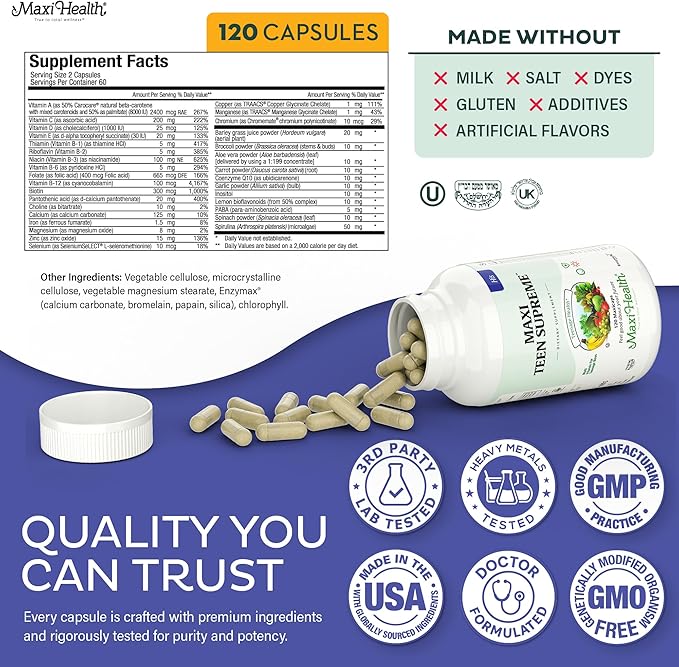 Teen Vitamins for Boys 12-17 - Teen Multivitamin Supreme with D3, Iron, Calcium, Biotin, Digestive Enzymes – Teenager Boy Multi Vitamins for Energy, Brain & Mood Support – 120 Count