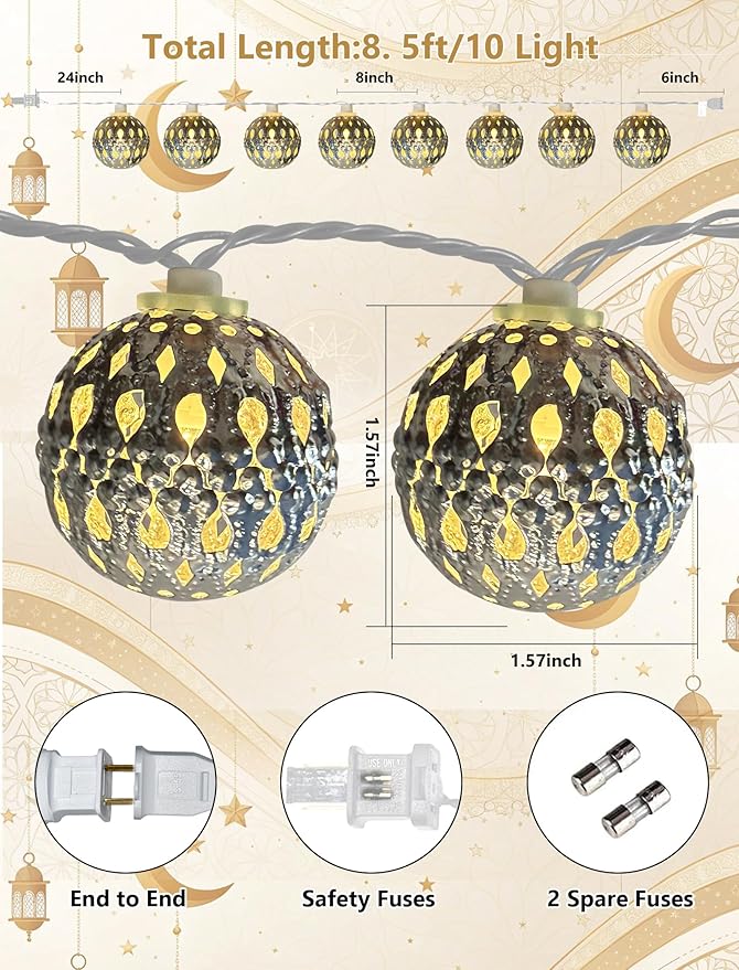 8.5Ft Moroccan String Lights Plug in, 10 LED Silver Metal Globe Fairy Lights, Warm White Hollow Lantern Decorative Lights for Ramadan Eid Mubarak Diwali Bohemian Home Bedroom Patio Party Wedding Decor