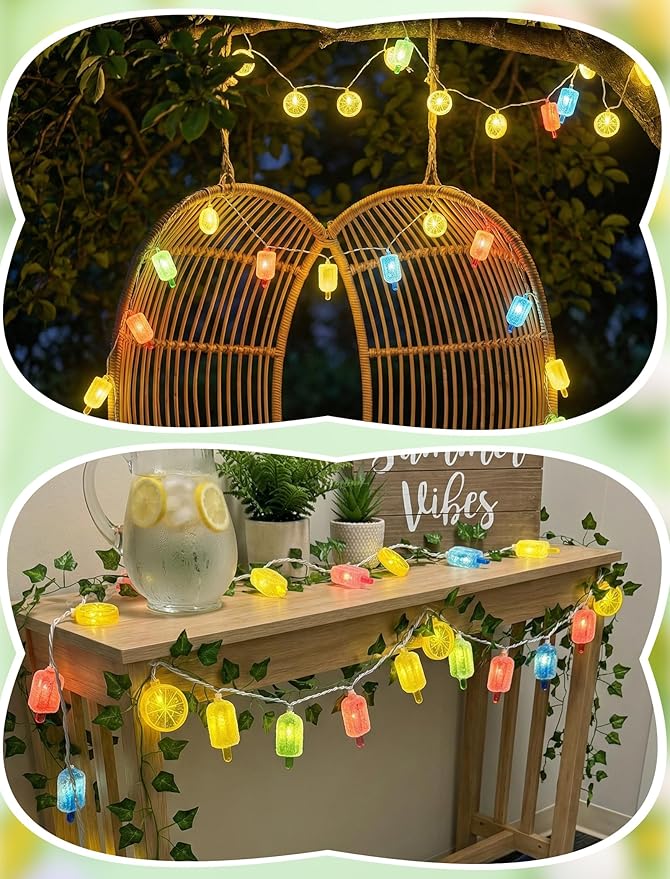 8.5FT Popsicle and Lemon String Lights, Tropical Beach Decorations Lights with 10 Multicolor Popsicle Lemon Bulbs, UL Listed Waterproof Fairy Lights for Summer Party Patio Bedroom Holiday Camping