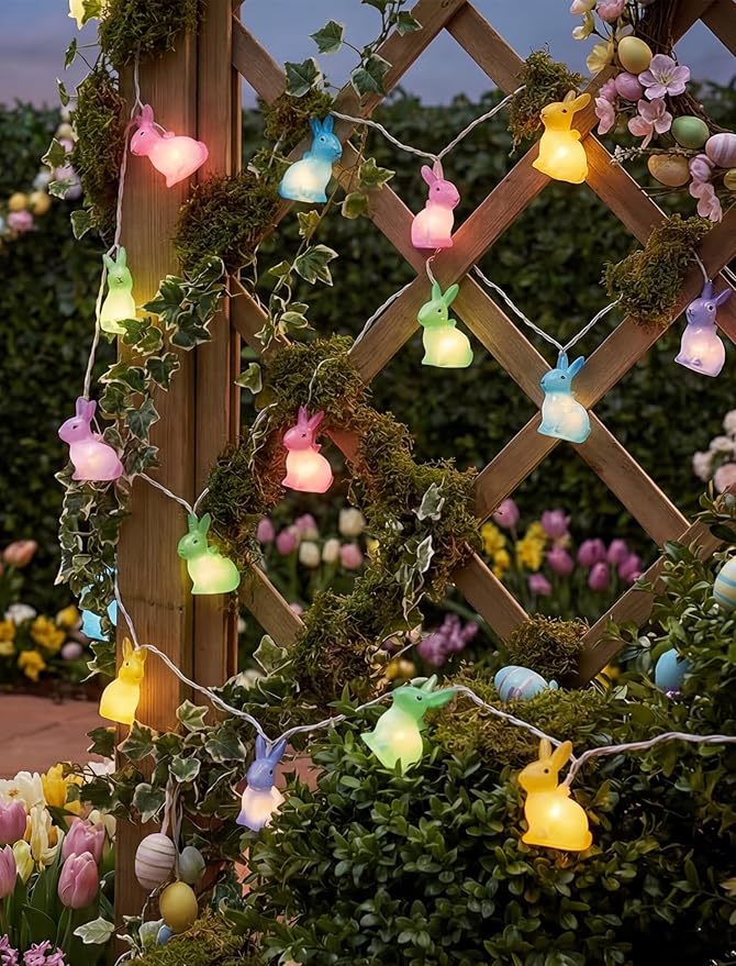GOOTHY Easter Rabbit String Lights Plug in, Indoor Outdoor Easter Decorations Lights with 10 LED Colorful Bunny Light, Hanging Spring Pastel Bunny Lights for Party Garden Birthday Wedding Home Decor
