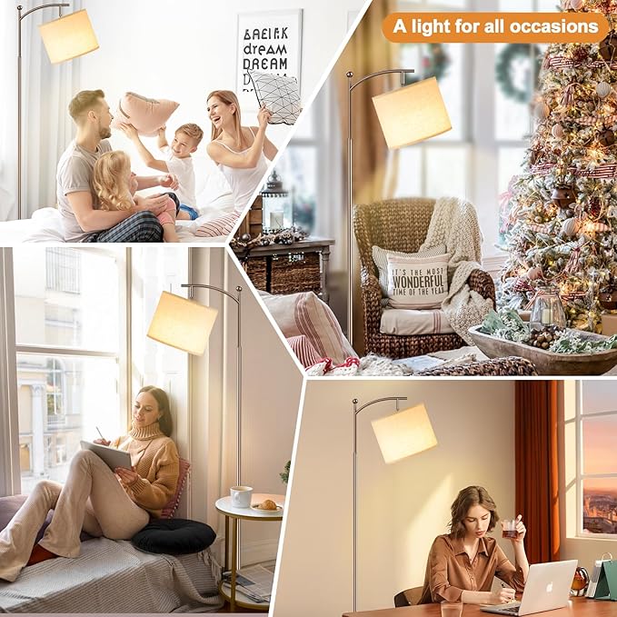 Ambimall 60" Floor Lamp with Remote Control and Stepless Dimmable Bulb, Colors Temperature & Brightness Adjustable, Modern Floor Lamps for Living Room, Deep Beige Shade & Brown Pole