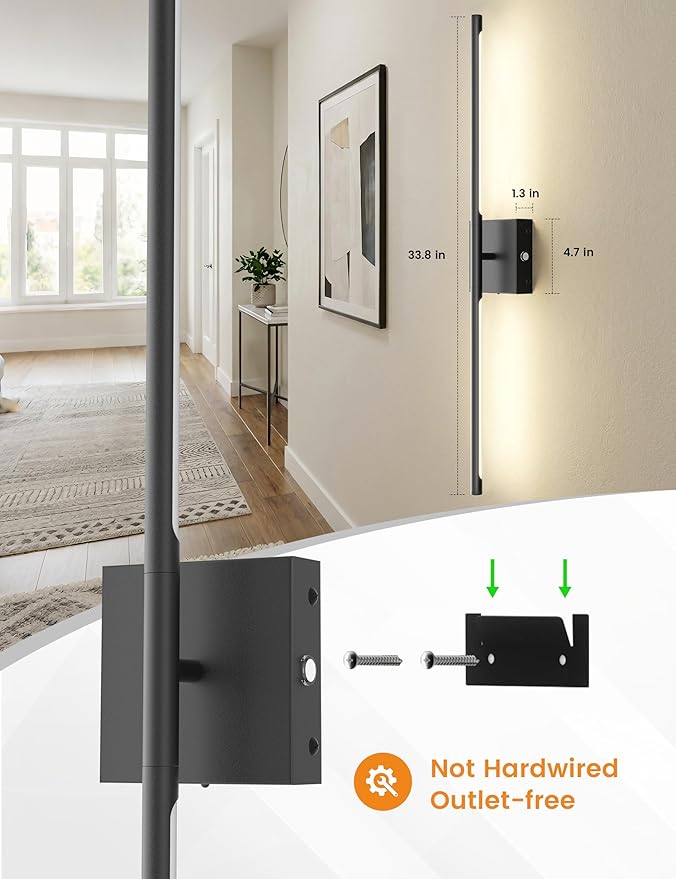 VOLISUN 7800mAh Battery Operated Wall Sconces Set of Two, Black Rechargeable Wall Sconces with Remote, 360° Rotatable Battery Wall Sconce Decor, 34'' Wireless Wall Lights for Bedroom, Living Room