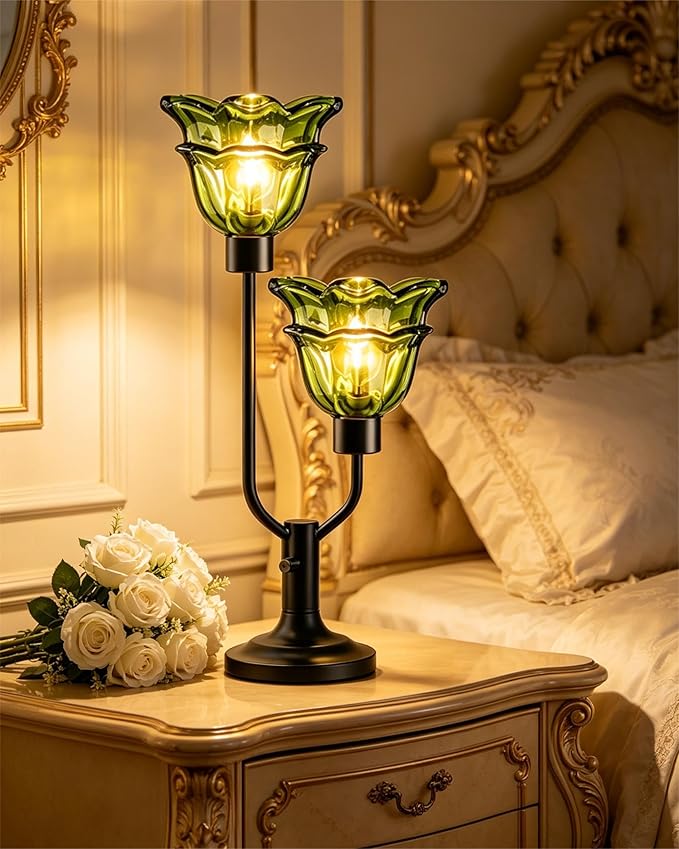 Lightdot Green Glass Flower Table Lamp Dimmable Nightstand Lamp Mid Century Modern Vintage Black Desk Lamp 2 Bulbs Included Warmwhite Ambient Bedside Lamp for Living Room Bedroom Home Office Decor