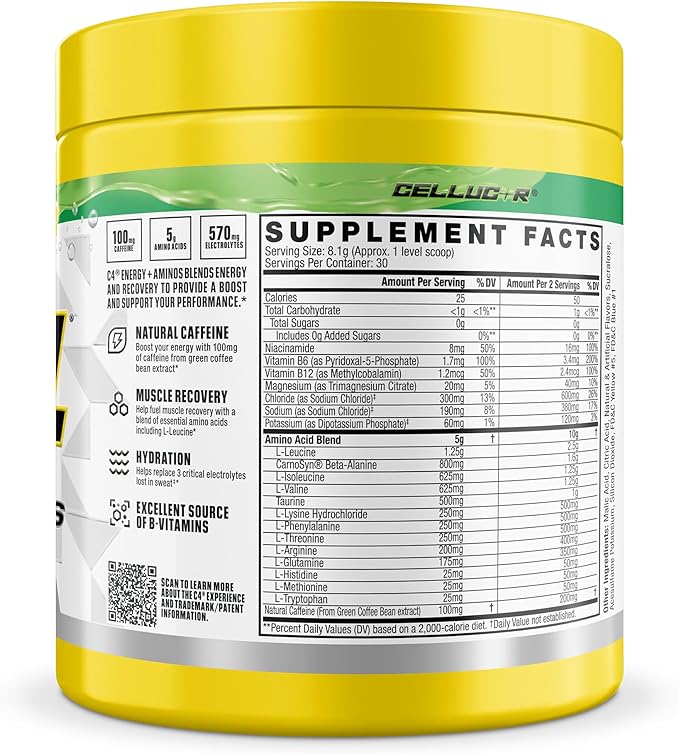 C4 Energy + Aminos Powder Jolly Rancher Green Apple, 5g BCAAs & EAAs for Muscle Recovery, 3 Electrolytes for Hydration, 100mg Natural Caffeine, Pre Workout, Zero Sugar, 30 Servings