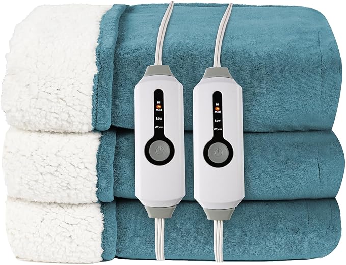 Electric Heated Blanket Queen Size 84"x90", Dual-Sided Coral Fleece & Sherpa Fabric, 4 Heat Settings & 10H Auto Off, Soft Warm for Home, Office, Bed, Couch, Machine Washable, Dual Control, Lake Green