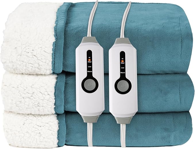 Electric Heated Blanket King Size 90"x100", Dual-Sided Coral Fleece & Sherpa Fabric, 4 Heat Settings & 10H Auto Off, Soft Warm for Home, Office, Bed, Couch, Machine Washable, Dual Control, Lake Green