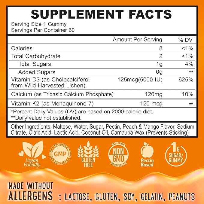 Gummies de Vitamine D3 K2 et Calcium fourrées au centre - Supplément pour des Dents, des Os et de l'Énergie Sains - 5000 UI D3, 120 mcg K2 (MK-7), 120 mg CA - Végétalien et Sans OGM - 60 Unités