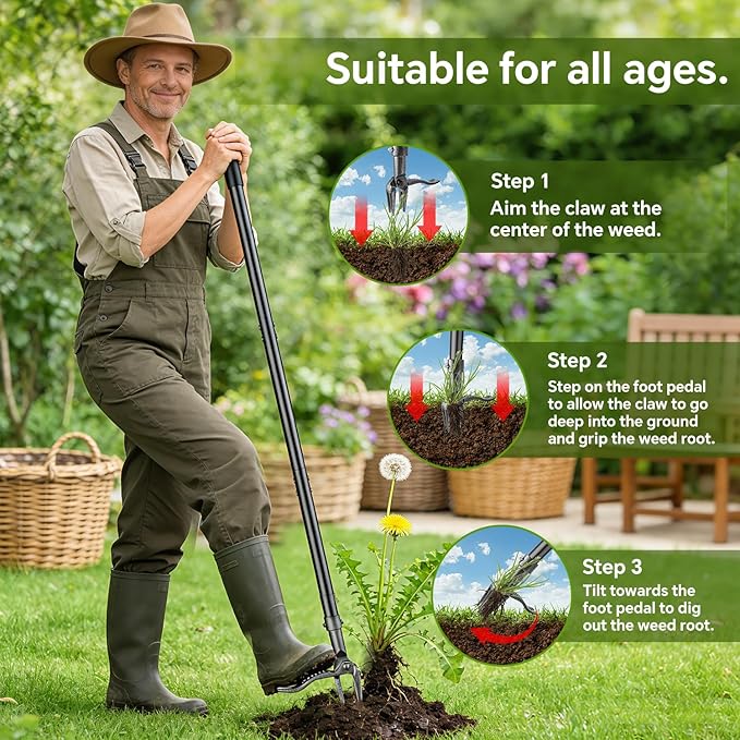 Weed Puller Tool – 45" All-Metal Stand Up Heavy Duty Weeder Hand Tool with 4-Claw Steel Head & Long Handle, Garden Weeding Tool for No Bending or Kneeling, Back & Knee Friendly, Easily Removes Weeds