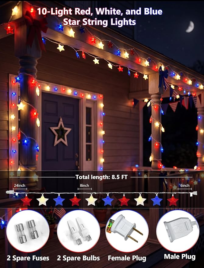 8.5Ft 10LED Red White and Blue Star String Lights, 4th of July Decorations Lights for Outdoor, Connectable LED Patriotic Lights Waterproof for Backyard Patio Flag Day Memorial Day Independence Day