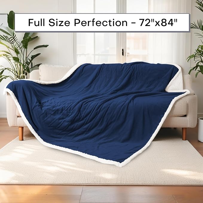 Electric Heated Blanket 72"x84" Full Size for Safe All Night Rest, Dual-Sided Microplush Sherpa for Bedroom Couch Use, 4 Heat Settings & 10 Hours Auto Off Energy Saving, Machine Washable-Dark Blue