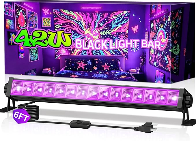 THECHAM 42W LED Black Light Bar, Blacklight Bar with 6ft Cord+Plug+Switch, Black Lights for Glow Party, Fluorescent Poster, Body Paint, Birthday, Halloween, Bedroom, Classroom
