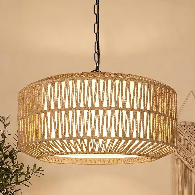 9"-52" Height Adjustable Farmhouse Chandelier Light Fixture, 5-Light Rattan Boho Chandeliers for Dining Room, Hand Woven Pendant Light with Linen Shade, Rustic Hanging Lighting for Kitchen Island
