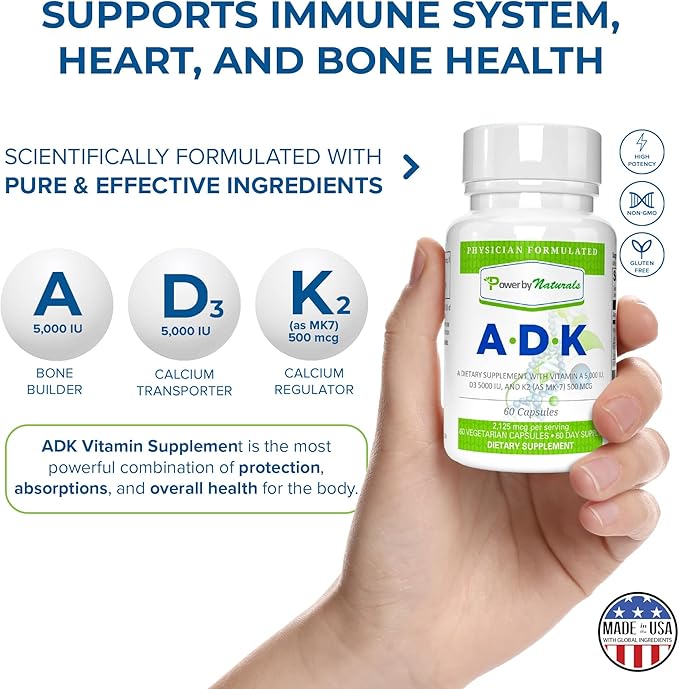 Power By Naturals Complément de Vitamines ADK – Mélange Hautement Dosé de Vitamines A, D3 5000 UI et K2 MK7 pour la Santé Osseuse – Complément de Vitamines A D K – 60 Gélules (2 Mois d'Approvisionnement)