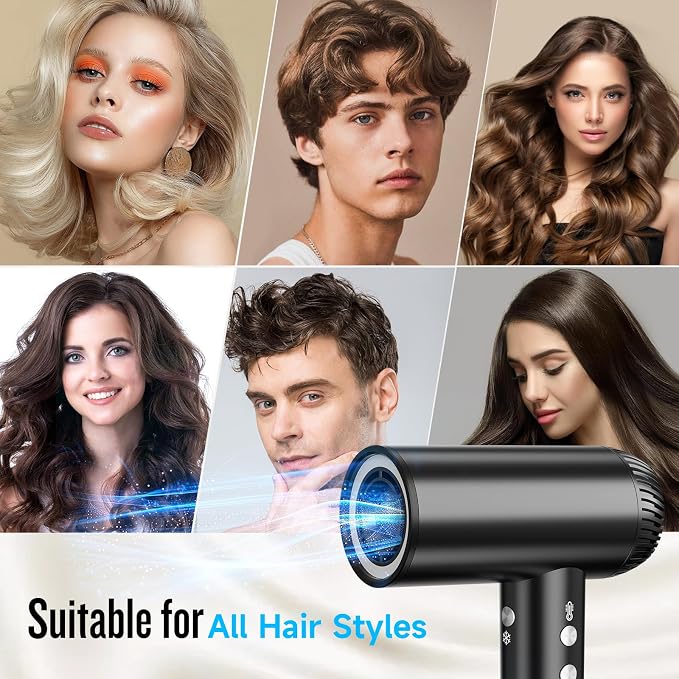 2026 Hair Dryer, 200,000 RPM Professional High Speed Blow Dryer with Diffuser for Women, 1200M Negative Ionic Hair Dryer with Brushless Motor, Low Noise Hair Blow Dryer for Home Travel Salon, Black