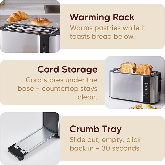Elite Gourmet ECT-3100 4-Slice Long Slot Toaster | Extra Wide Slots for Bagels, Sourdough & Texas Toast | 6 Browning Settings | Reheat, Defrost & Cancel | Built-In Warming Rack | Stainless Steel