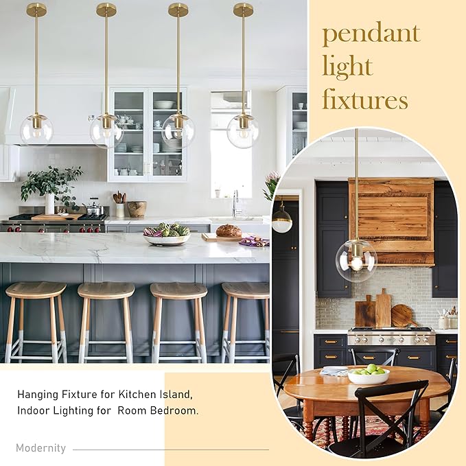 Bagood 6 Inch Globe Pendant Light Gold Mid Century Pendant Light Contemporary Globe Pendant Lights Kitchen Island Clear Glass with Brass Finish Adjustable Hanging Light Fixture for Kitchen Island