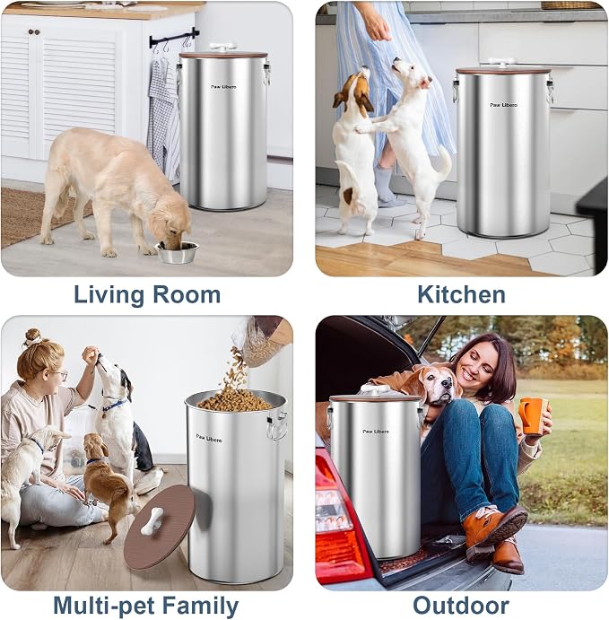 Paw Libero 2PK 35 Lbs total 70Lbs Stainless Steel Dog Food Storage Container with Airtight Wooden Lid & Ceramic Bone Handle, Large Metal Dog Food Bin for Dogs & Cats, Keep Fresh, Easy to Clean