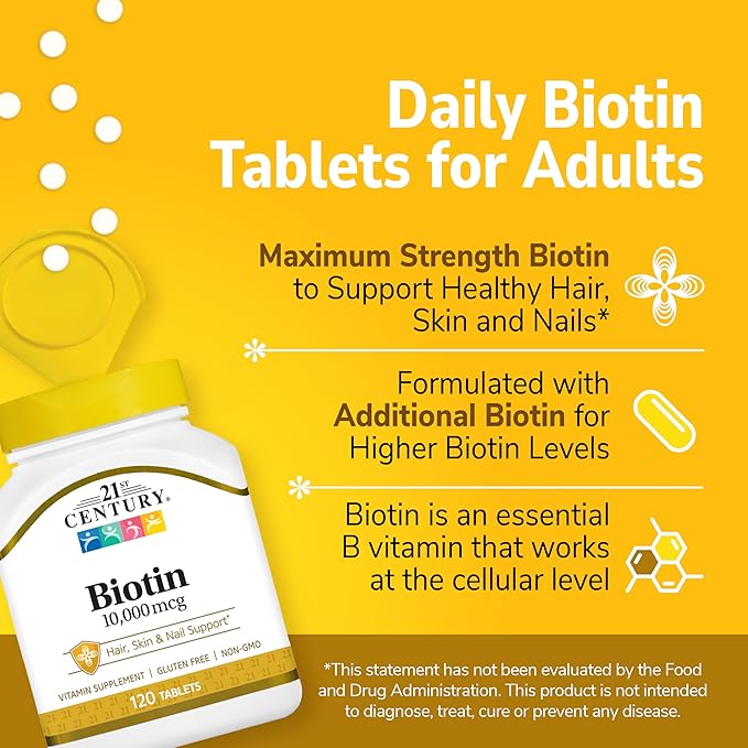 21st Century Biotin 10,000 mcg Tablets (360 Count), High Potency Biotin Supplement, Supports Hair, Skin & Nail Health, Gluten & Sugar-Free, Daily Vitamin B7 Supplement, Non-GMO