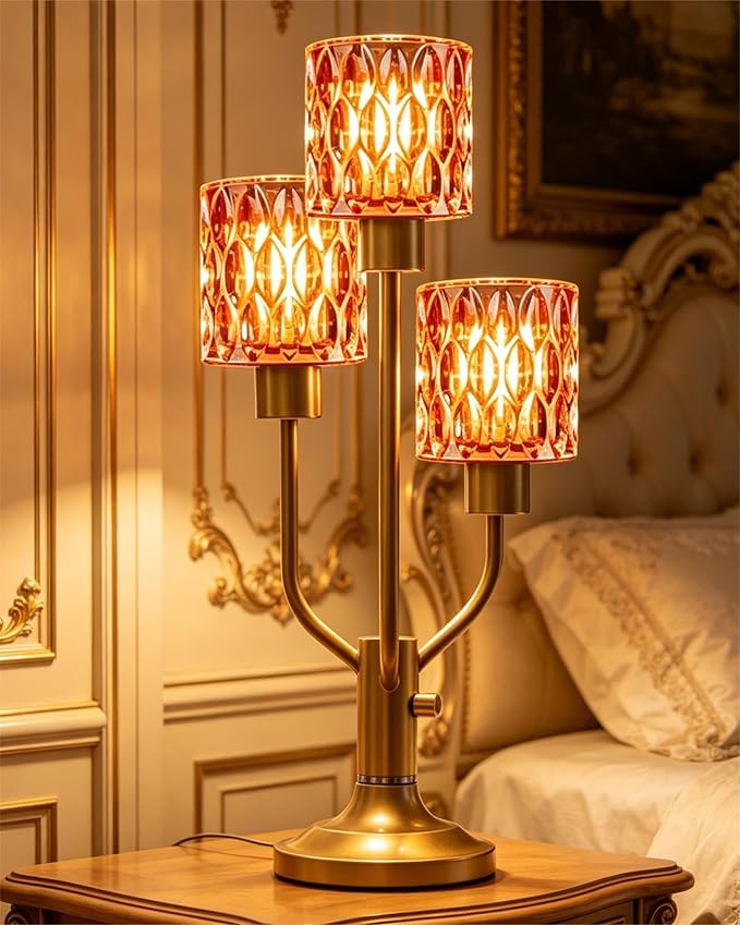 Mid Century Modern Table Lamp Dimmable Nightstand Lamp Gold Vintage Desk Lamp with Red Glass 3 Bulbs Included Warmwhite Ambient Bedside Lamps for Living Room Bedroom Office Home Decor