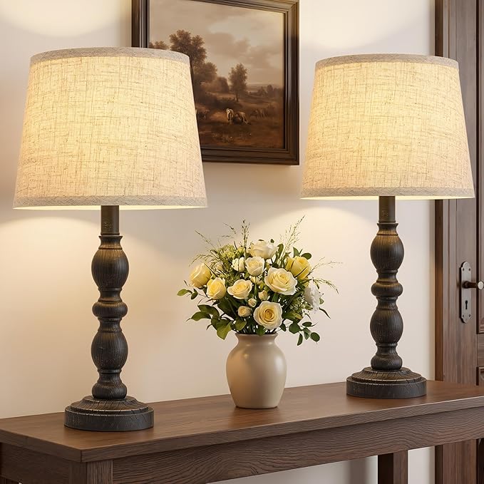 GyroVu 20.5" Table Lamps for Nightstand Set of 2, Farmhouse Lamps for Bedroom, Small Desk Lamps for Living Room, Linen Shades, Knob Switch, Bedside Lamps for Reading, Office (Black)