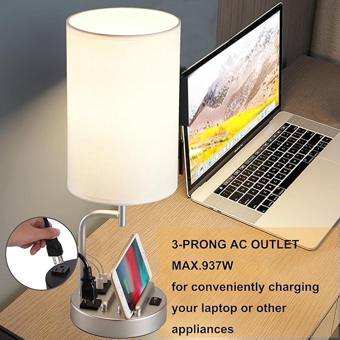 Dreamholder Table Lamp with 3 USB Charging Ports, Modern Desk Lamp with AC Outlet and Phone Stands, Perfect Bedside Lamp for Bedroom, Living Room, Office (Pack of 2), Silver
