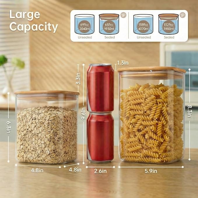Large Glass Storage Containers 132oz&63oz, Pantry Jars with Bamboo Lids-2P | Square Borosilicate Glass Jar with Airtight Lid Keep Flour, Sugar & Rice Fresh, Fits 3lb Bag, BPA-Free for Pantry Organizer