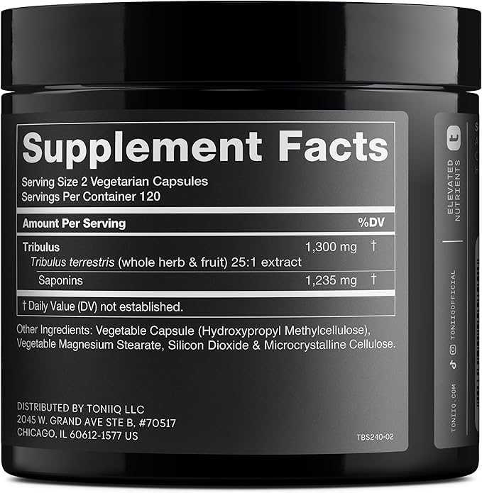 Toniiq Tribulus Terrestris for Men - Ultra High Potency 25:1 Extract with 95% Saponins - 1300mg Pure & Concentrated Formula - Third-Party Lab Tested for Purity & Quality - 240 Capsules