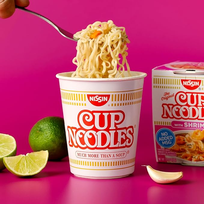 Nissin Cup Noodles Soup, Shrimp Flavor, Microwaveable Paper Cups, Instant Ramen, 2.25 Ounce (Pack of 12)